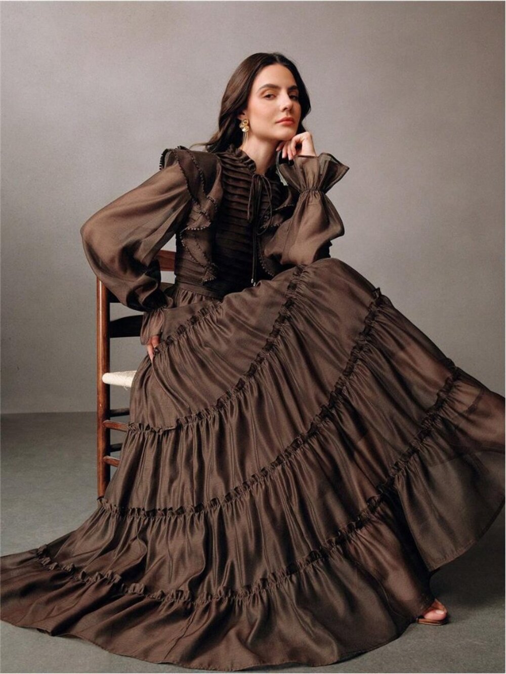 Elaire Dark Brown,Autumn,Elegant,Tea Party Floral Lace Layered Ruffle
